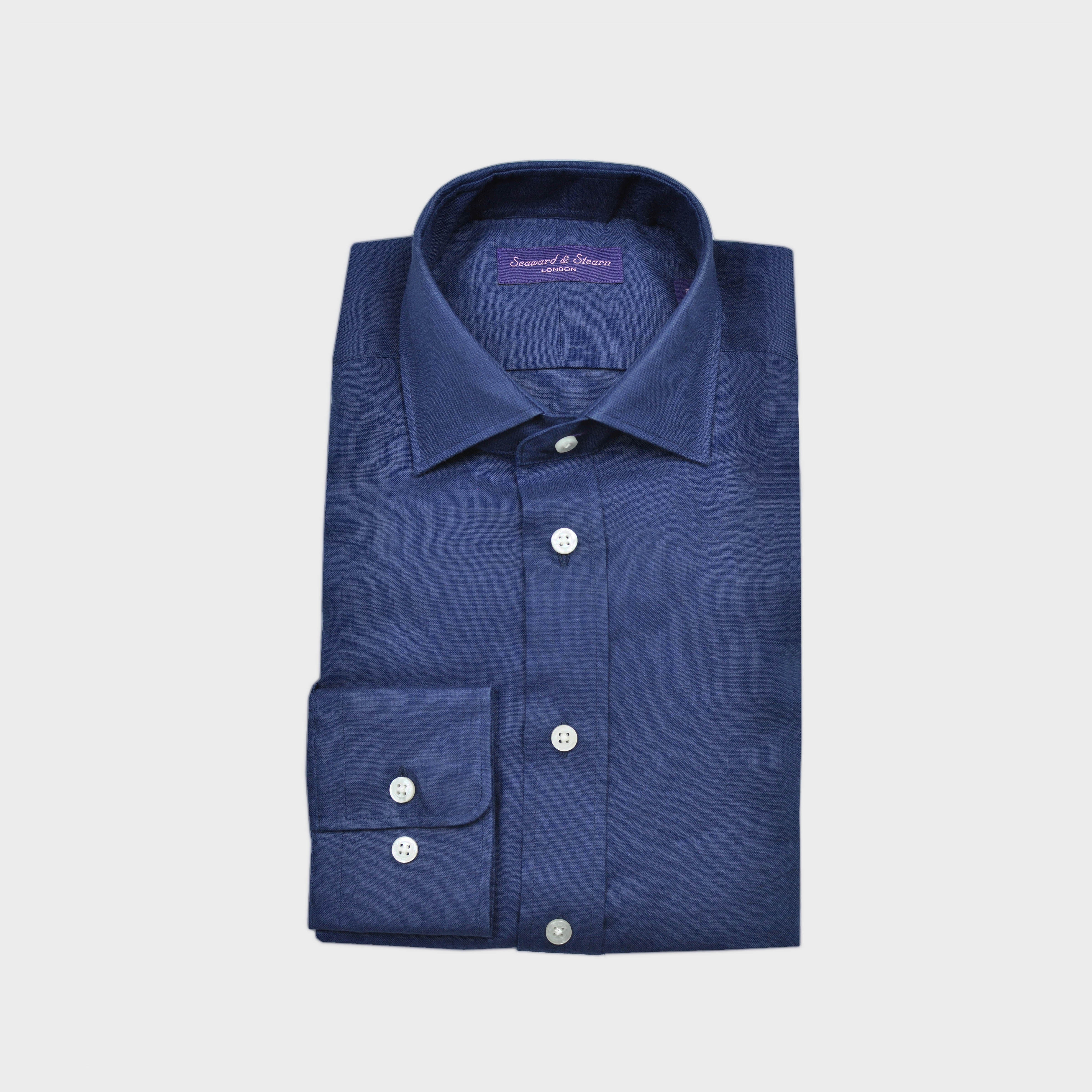 Semi Spread Collar Linen Shirt in Navy Blue – Seaward & Stearn Semi Spread Collar Linen Shirt in Navy Blue – Seaward & Stearn