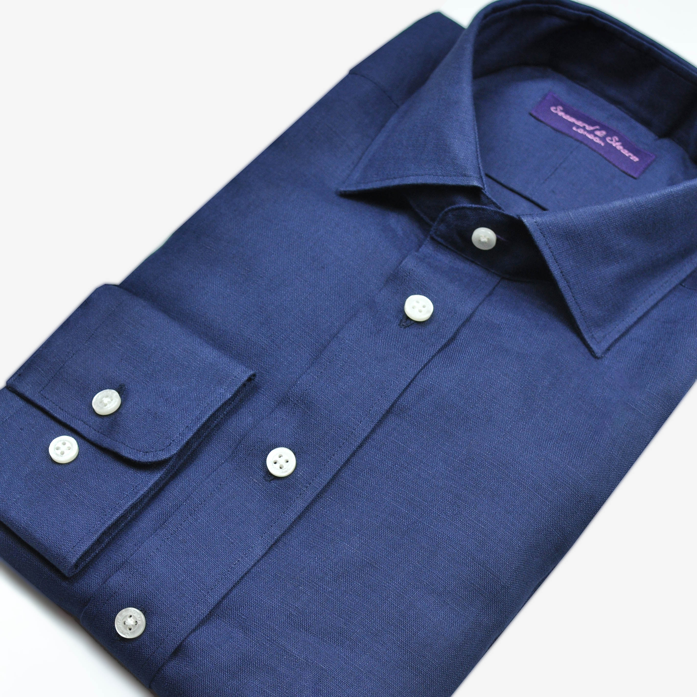 Semi Spread Collar Linen Shirt in Navy Blue – Seaward & Stearn Semi Spread Collar Linen Shirt in Navy Blue – Seaward & Stearn