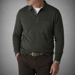 Long Sleeved Ribbed Cotton Polo with Breast Pocket in Green