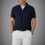 Fine Pique Cotton Trophy Collar Polo Shirt with Breast Pocket in Navy Blue
