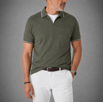 Fine Pique Cotton Trophy Collar Polo Shirt with Breast Pocket in Olive Green