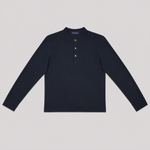 Long Sleeved Super Fine Cotton Polo in Navy Blue with Band Collar