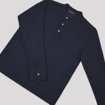 Long Sleeved Super Fine Cotton Polo in Navy Blue with Band Collar