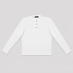 Long Sleeved Super Fine Cotton Polo in White with Band Collar