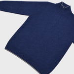 Merino Wool Quarter Zip Jumper in Denim Blue with Light Beige Trim