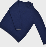 Merino Wool Quarter Zip Jumper in Denim Blue with Light Beige Trim
