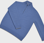 Merino Wool Quarter Zip Jumper in Light Blue with Light Beige Trim