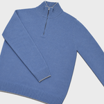 Merino Wool Quarter Zip Jumper in Light Blue with Light Beige Trim