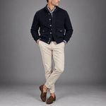 Wool Bomber Cardigan with Ribbed Sleeves & Collar in Dark Navy Blue