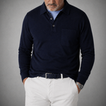 Long Sleeved Ribbed Cotton Polo with Breast Pocket in Navy Blue