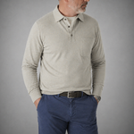 Long Sleeved Ribbed Cotton Polo with Breast Pocket in Beige