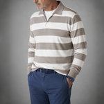 Fine Cotton Long Sleeve Knitted Striped Polo in Beige