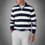 Fine Cotton Long Sleeve Knitted Striped Polo in Dark Blue & White