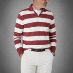 Fine Cotton Long Sleeve Knitted Striped Polo in Brick Red