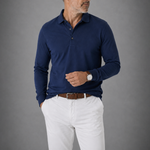 Long Sleeve Pique Cotton Polo Shirt Navy Blue