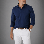 Long Sleeve Pique Cotton Polo Shirt Navy Blue