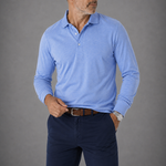 Long Sleeve Pique Cotton Polo Shirt in Light Blue