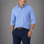 Long Sleeve Pique Cotton Polo Shirt in Light Blue
