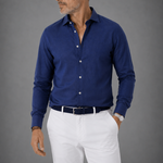 Semi Spread Collar Linen Shirt in Navy Blue