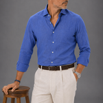 Spread Collar Linen Shirt in Dark Denim Blue
