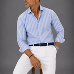 Spread Collar Linen Shirt in Light Blue with Medium Ecru Stripes