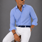 Spread Collar Crosshatch Linen Shirt in Light Blue