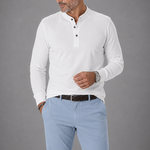 Long Sleeved Super Fine Cotton Polo in White with Band Collar