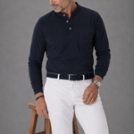 Long Sleeved Super Fine Cotton Polo in Navy Blue with Band Collar