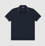 Fine Pique Cotton Trophy Collar Polo Shirt with Breast Pocket in Navy Blue