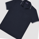 Fine Pique Cotton Trophy Collar Polo Shirt with Breast Pocket in Navy Blue