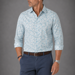 Spread Collar Floral Linen Shirt in Light Teal