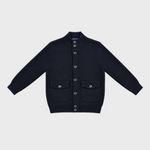 Wool Bomber Cardigan with Ribbed Sleeves & Collar in Dark Navy Blue