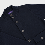Wool Bomber Cardigan with Ribbed Sleeves & Collar in Dark Navy Blue