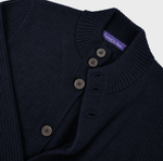 Wool Bomber Cardigan with Ribbed Sleeves & Collar in Dark Navy Blue