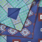 Geo's & Medallions & Florets Reversible Panama Silk Pocket Square in Blue & Brown & Pistachio