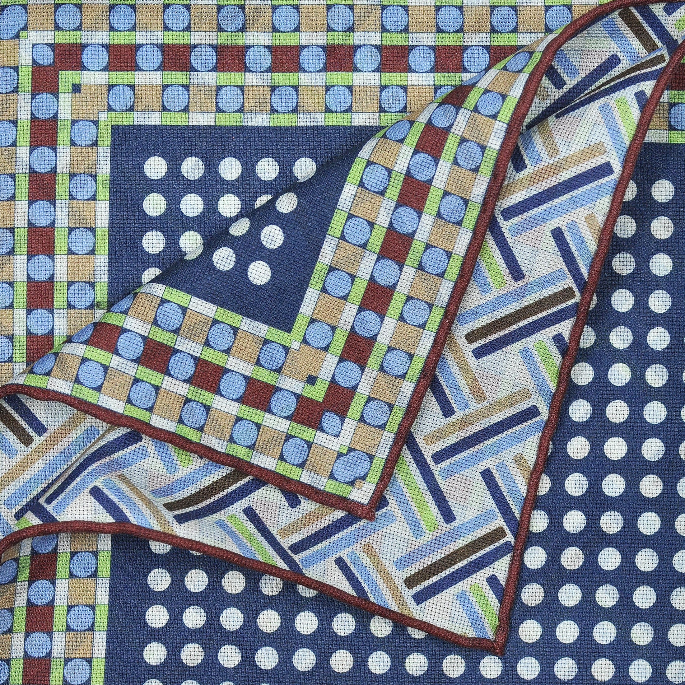 Dots & Geo's Reversible Panama Silk Pocket Square in Blue & Brown & Lime