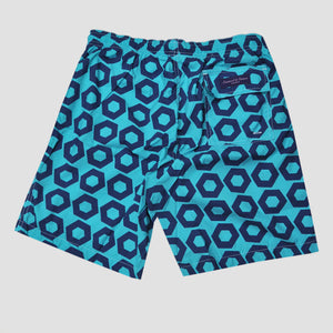 Hexagon-a-gogo Swim Short in Teal & Blue