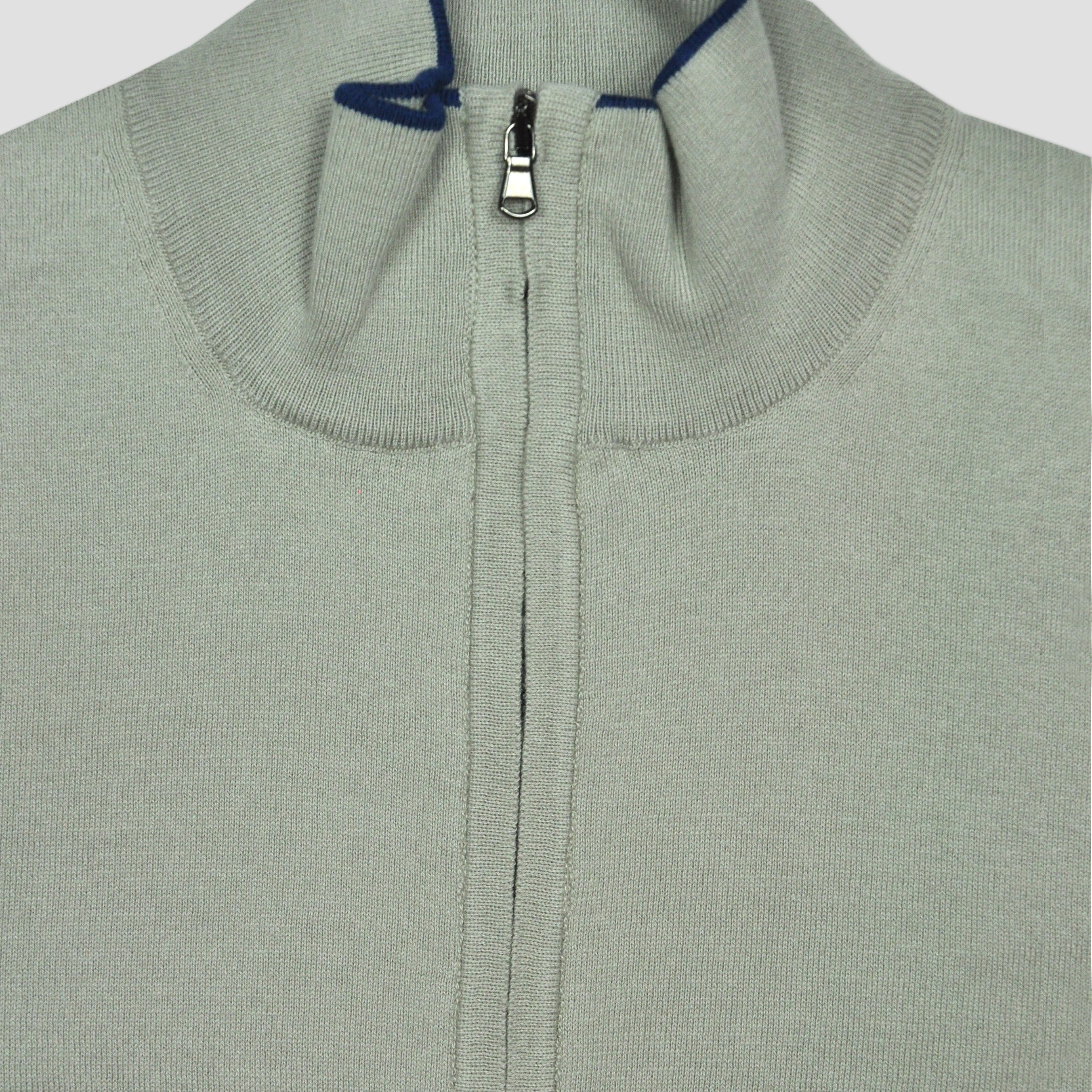 Fine Cotton Quarter Zip Collar in Grey with Blue Trim