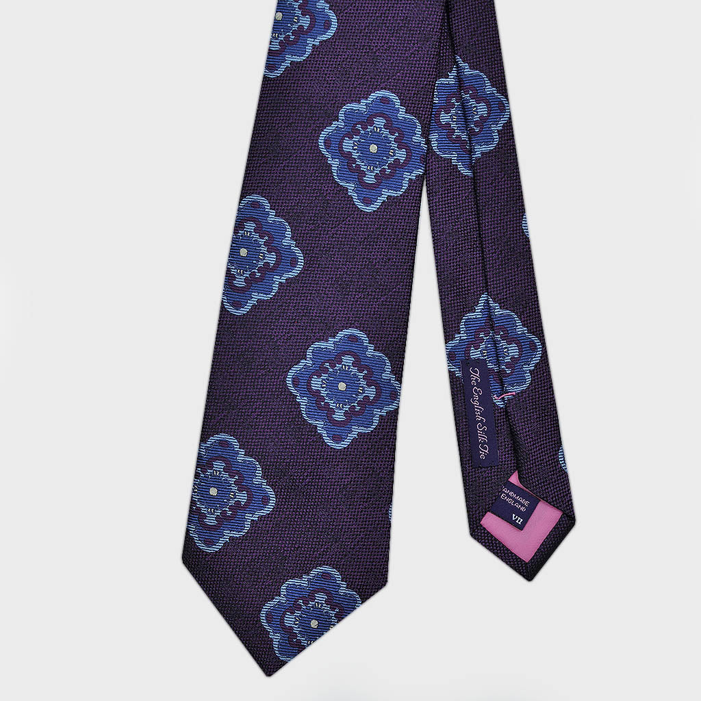 Big Medallion Woven Silk Tie Plum & Blue