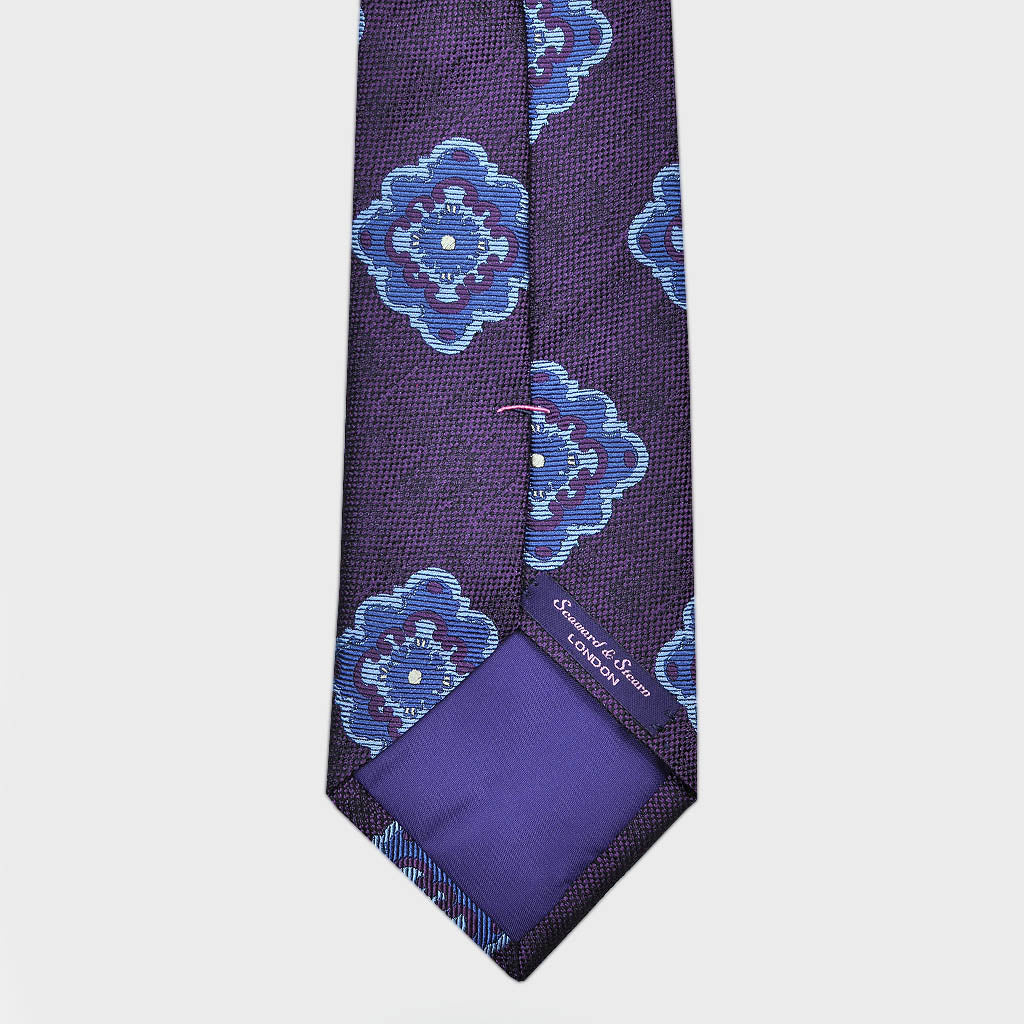 Big Medallion Woven Silk Tie Plum & Blue