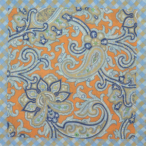 Paisley & Florets Reversible Panama Silk Pocket Square in Blue & Orange & Beige