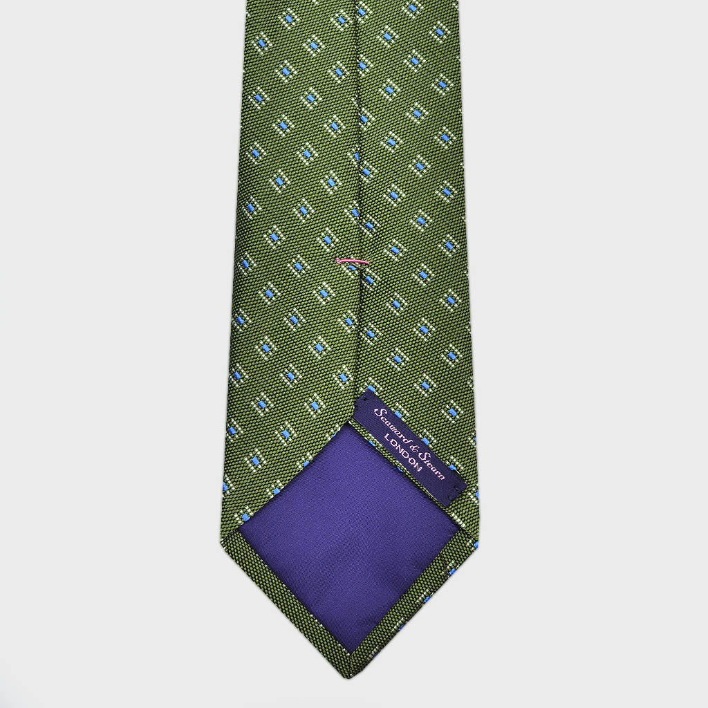 Little Squares Neat Repeat Raw Silk Tie in Green Olive