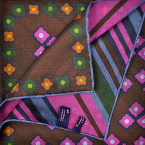 Geo's & Brushed Stripes Reversible Panama Silk Pocket Square in Brown & Pink