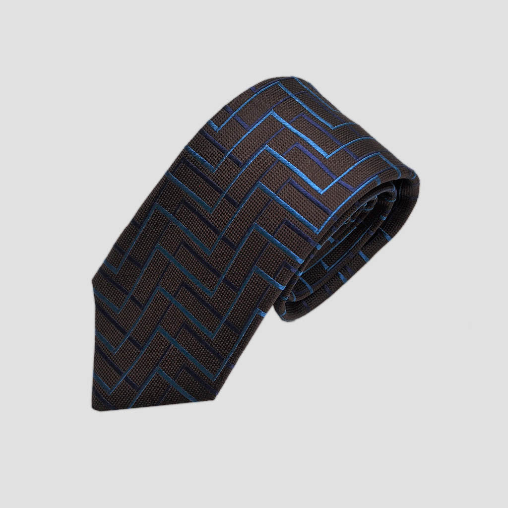 English Woven Silk Zig Zag Steps Tie in Brown & Teal