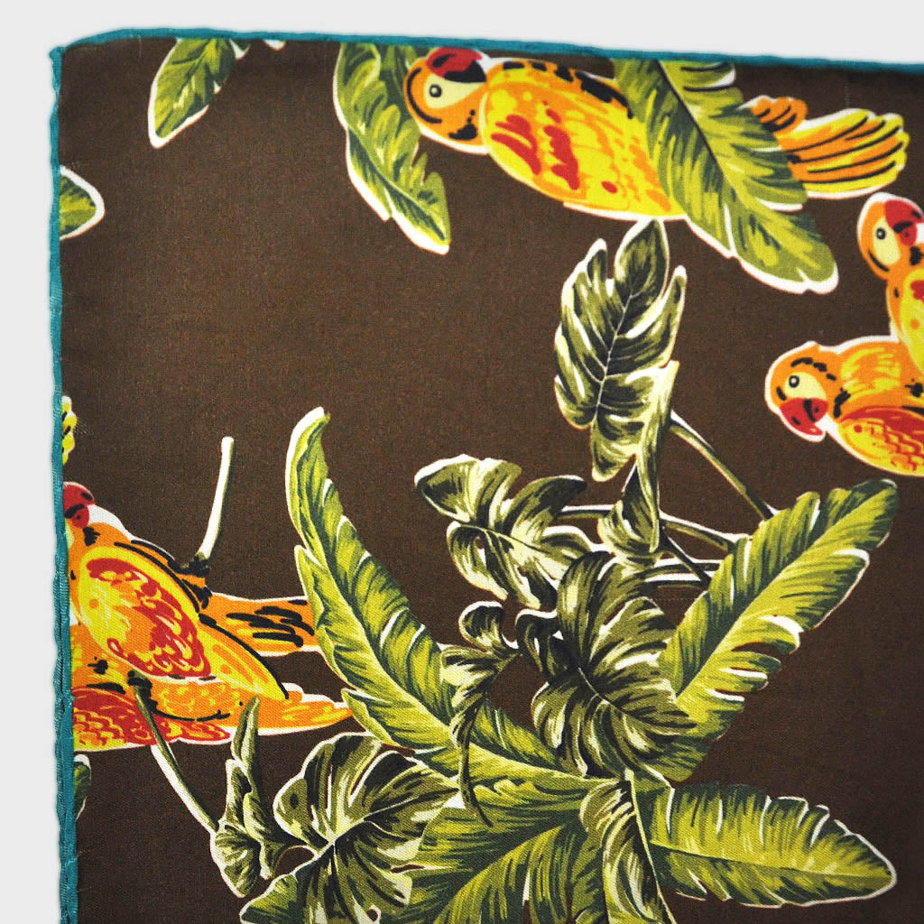 Macaw English Silk Pocket Square in Brown & Gold