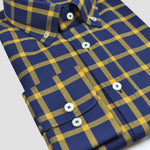 Button Down Herring Bone & Check Cotton Shirt in Blue & Gold