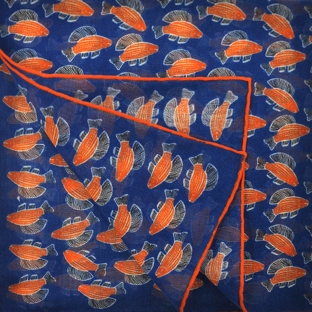 A Lot of Fish Cotton & Cashmere Pocket Square in Royal Blue & Orange