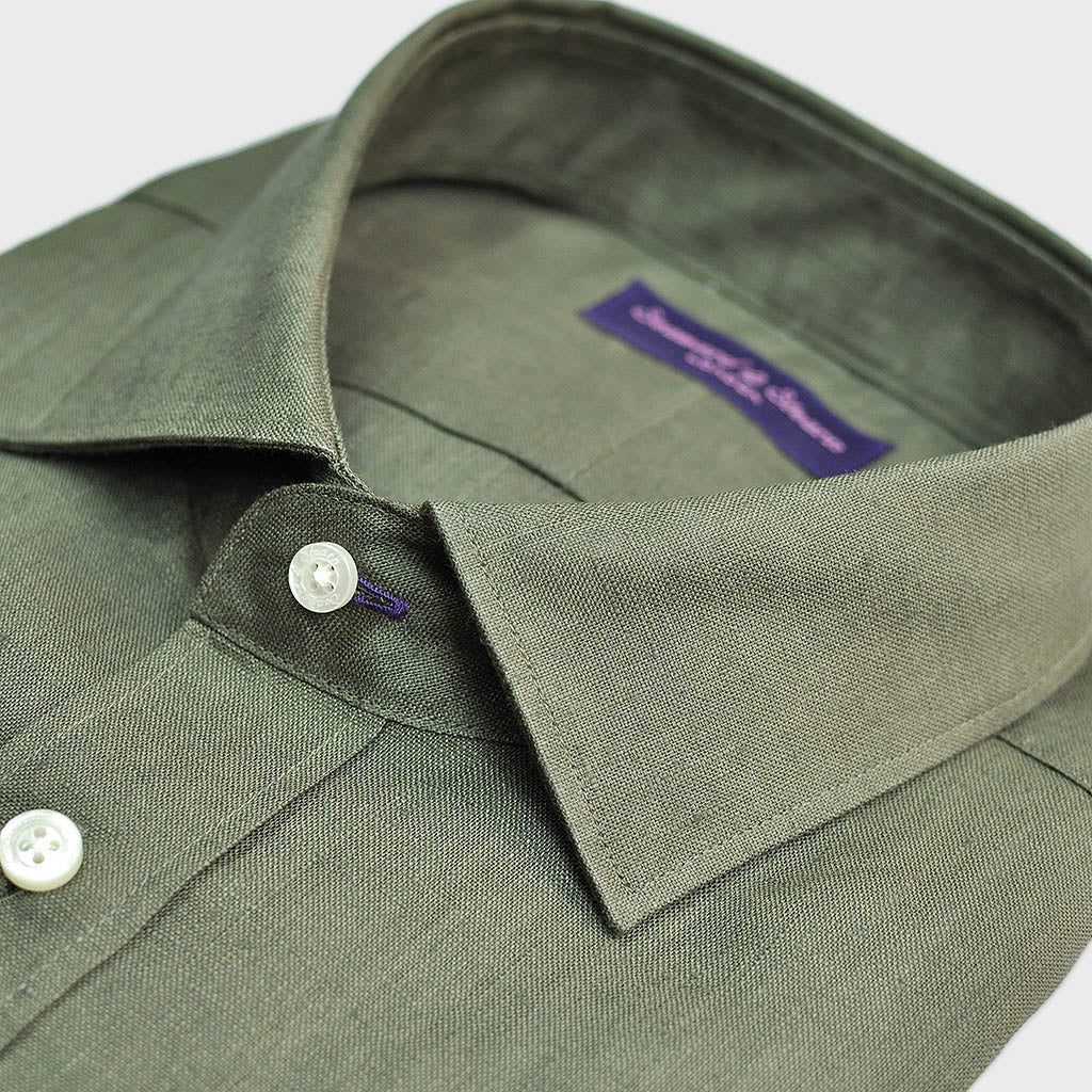 Linen Spread Collar Shirt in Olive