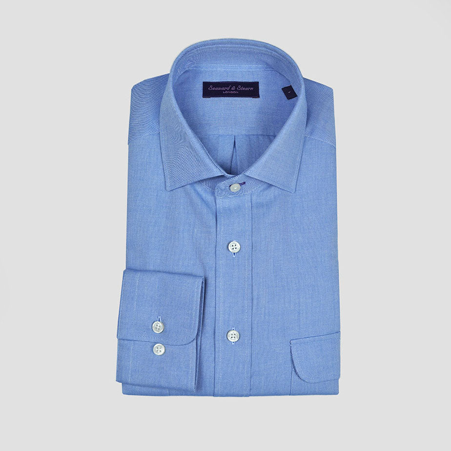 Classic Collar Reppe Shirt with Double Breast Button-Down Pockets in Light Blue