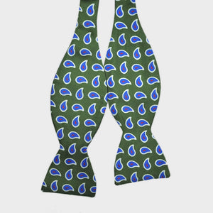 English Printed Silk Little Groovy Teardrops Bow Tie in Olive & Blue